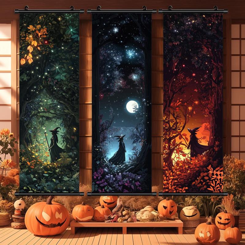 Forest Moon Witch Pattern Hanging Banner, 3 Counts set  Halloween Wall Art Poster, Wall Decor for Home Living Room Bedroom Yard