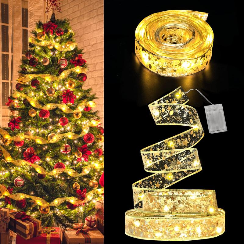 32ft Christmas Ribbon Fairy Lights, 100 LED Lights Gold Ribbon for Christmas Tree Wired Double Layer Grid, Outdoor Indoor New Year Holiday Christmas Tree Decorations Wrap Christmas Wreath