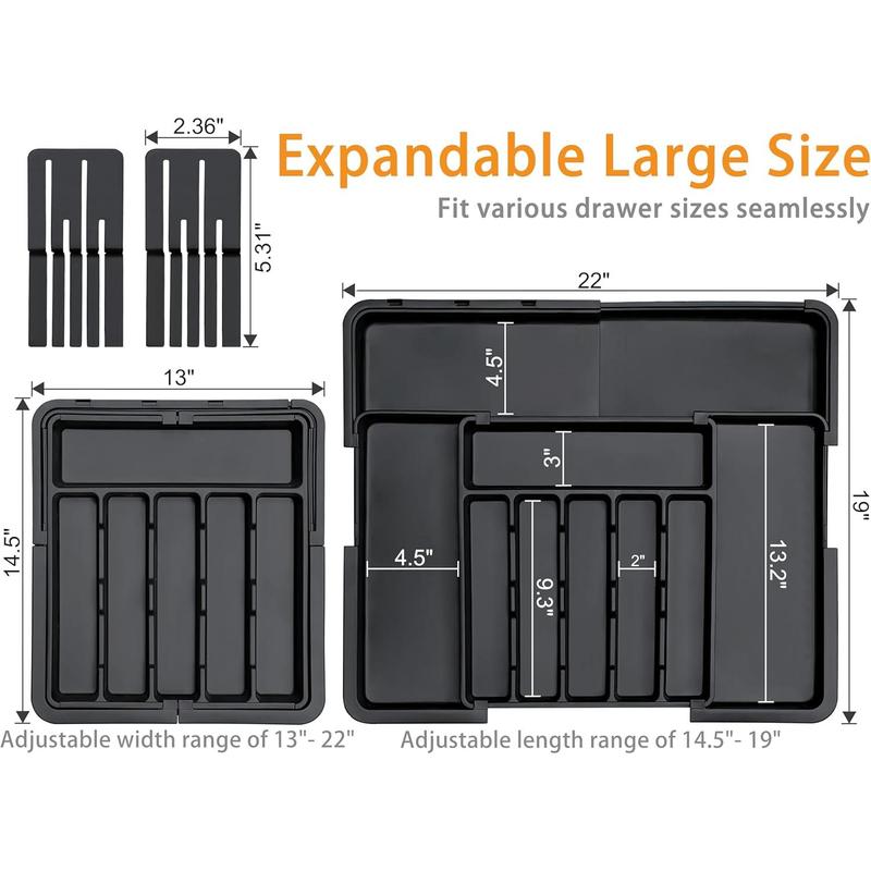 Silverware Organizer - Expandable Large Kitchen Drawer Organizer Utensil Organizer with 2 Removable  Blocks, 22