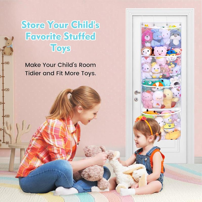 2 Pack Stuffed Animal Storage - Over Door Organizer for Stuffies, Plush Toys Hanging Organizer with 4 Large Capacity Mesh Net Pockets & Support Bars, Baby Ideas Holder for Kids Room Stuff Animal, White