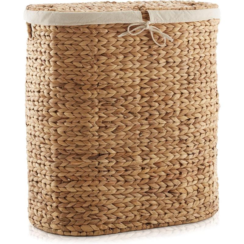 Oval Laundry Hamper with Lids and Removable Liner Bags - Natural, Woven Water Hyacinth 2-Section Laundry Basket Sorter for Clothes and Towels Organiser Decorative