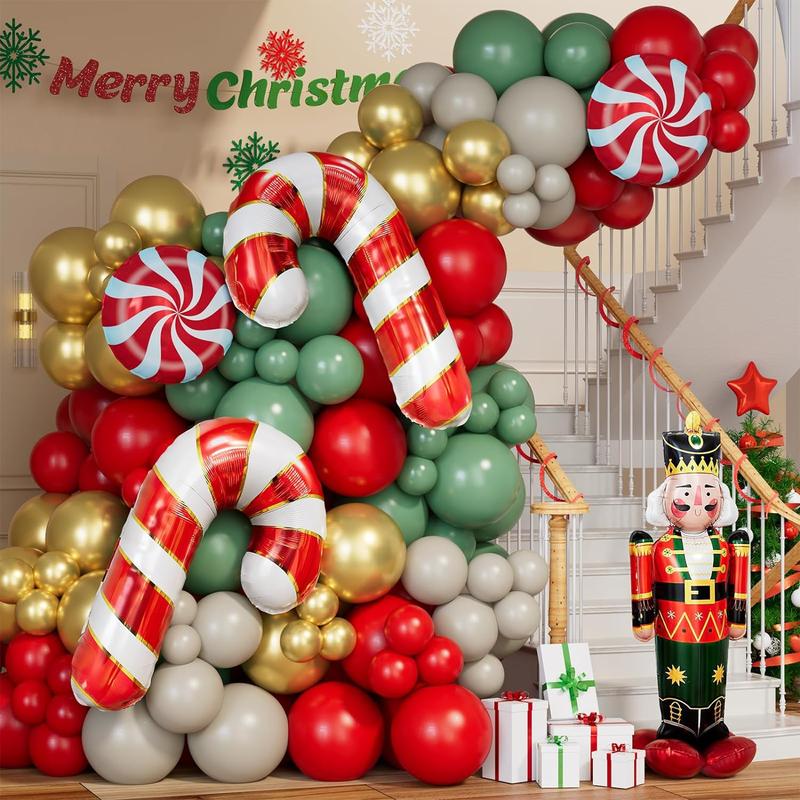 Christmas Balloon Garland Arch Kit 168 Pcs Red Sage Green Gold White Sand Balloons Candy Balloons Cand Cane Balloons Nutcracker Balloons for Christmas Party Decorations Supplies