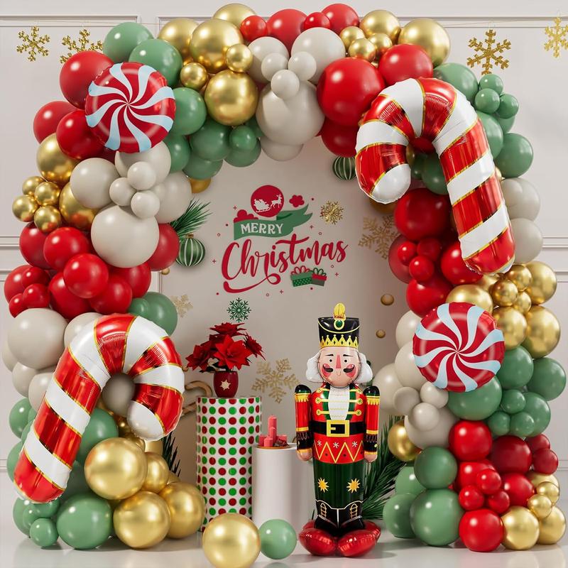 Christmas Balloon Garland Arch Kit 168 Pcs Red Sage Green Gold White Sand Balloons Candy Balloons Cand Cane Balloons Nutcracker Balloons for Christmas Party Decorations Supplies