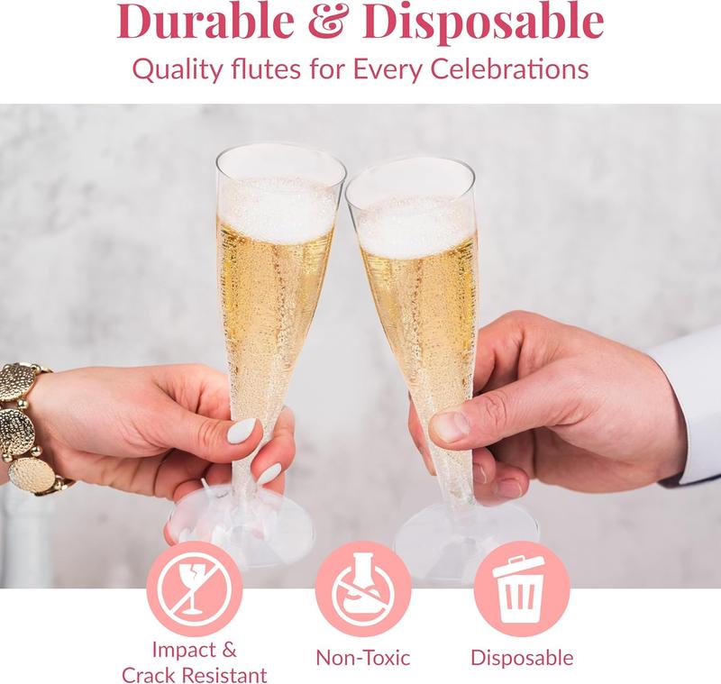 Clear Plastic Champagne Flutes - Set of 10 Disposable Champagne Flutes for Parties, Weddings and Toasts - Elegant and Durable 4.5 Ounce Stemware for Easy Cleaning and Large Celebrations