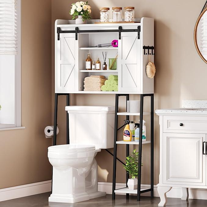 YITAHOME Over The Toilet Storage Cabinet, Bathroom Shelves Over Toilet Above Toilet Storage with Side Storage Rack, Tissue Reel and Hooks Over The Toilet Organizer for Bathroom, Laundry, White