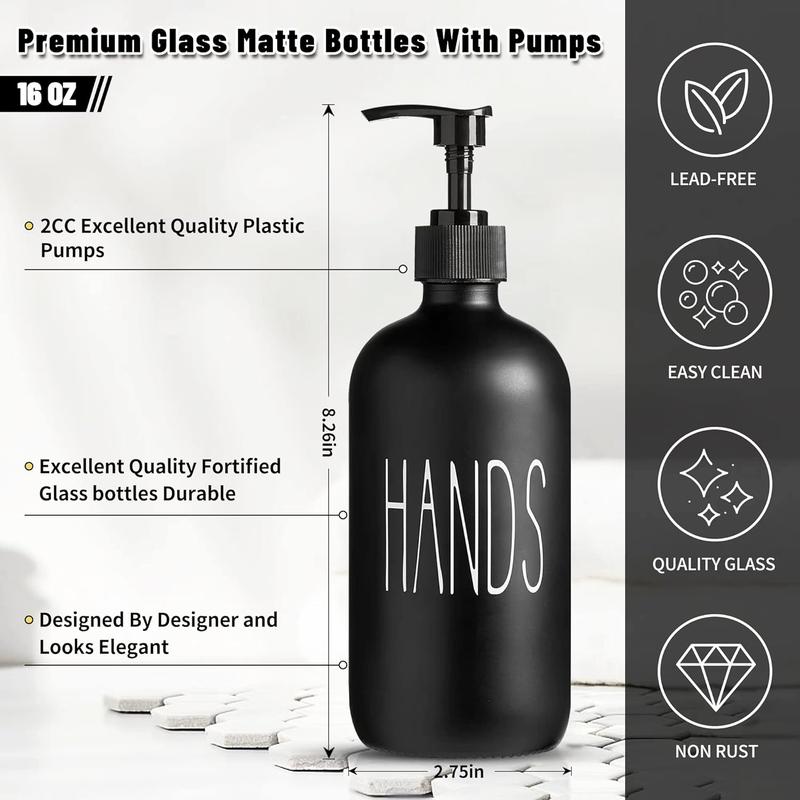 Glass Soap Dispenser Set 2 Pack,Contains Hand and Dish Soap Dispenser. Kitchen Soap Dispenser Set for Kitchen Sink and Farmhouse Decor .16 Oz Black Soap Dispenser with Pumps -Black