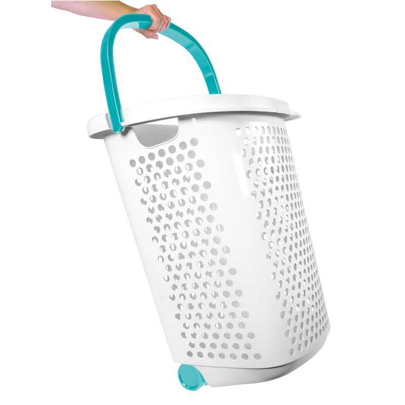 Home Logic 2 Bushel Rolling Plastic Laundry Hamper with Pop-up Handle, White, Adult   Tween