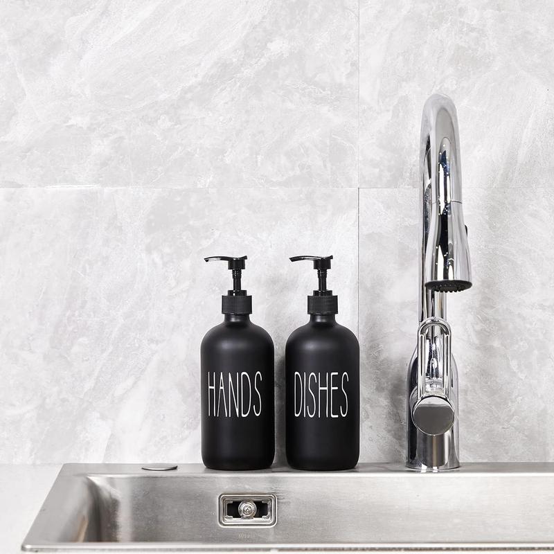 Glass Soap Dispenser Set 2 Pack,Contains Hand and Dish Soap Dispenser. Kitchen Soap Dispenser Set for Kitchen Sink and Farmhouse Decor .16 Oz Black Soap Dispenser with Pumps -Black