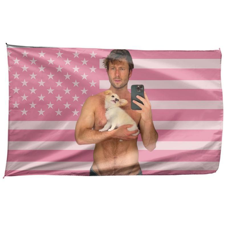 Glen Powell Pink Wall Tapestry American Flag - 3x5ft USA Flag, Glen Powell Cowboy Twisters Movie US Flag, I Love Glen Powell and His Cute Dog Fan Gift Tapestries, Not My First Tornado 3x5ft USA Flag