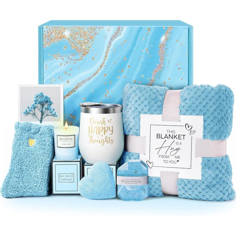 Christmas Gifts for Women Mom, Self Care Get Well Soon Gifts, Luxury Ocean Spa Gift Basket with Flannel Blanket - Unique Birthday Valentines Mother's Day Gifts for Mom Best Friend Sister Wife Her