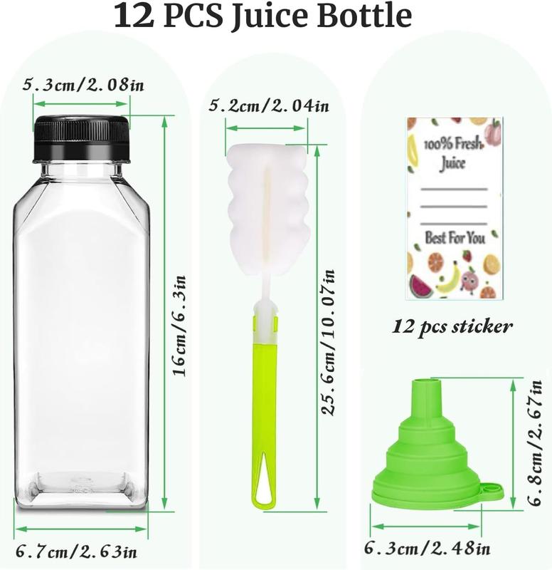 Plastic Juice Bottles with Caps 12 count, 12oz Reusable Juice Containers with Tamper Proof Lids Black, Clear Juice Bottles for Juicing, Milk, Smoothie, Drinking, and Other Beverages Christmas Gifts