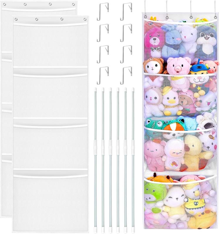 2 Pack Stuffed Animal Storage - Over Door Organizer for Stuffies, Plush Toys Hanging Organizer with 4 Large Capacity Mesh Net Pockets & Support Bars, Baby Ideas Holder for Kids Room Stuff Animal, White