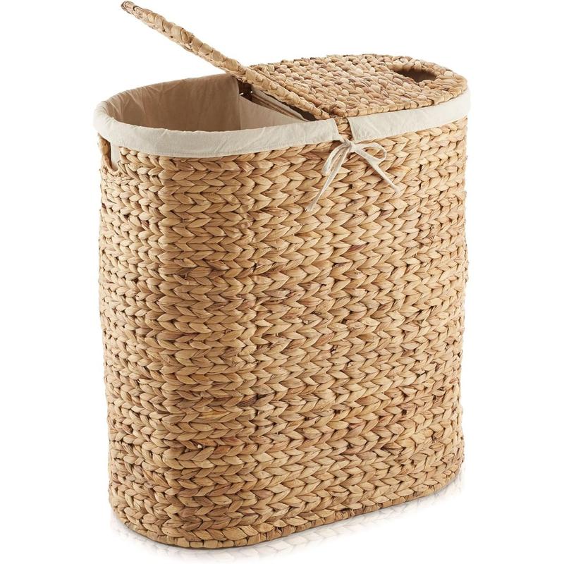 Oval Laundry Hamper with Lids and Removable Liner Bags - Natural, Woven Water Hyacinth 2-Section Laundry Basket Sorter for Clothes and Towels Organiser Decorative