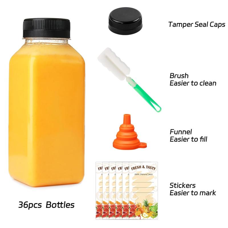 36 count 8oz Juice Bottles with Lids,  Grade Reusable Clear Containers with Black Tamper Evident Caps for Juice, Milk and Other Beverages