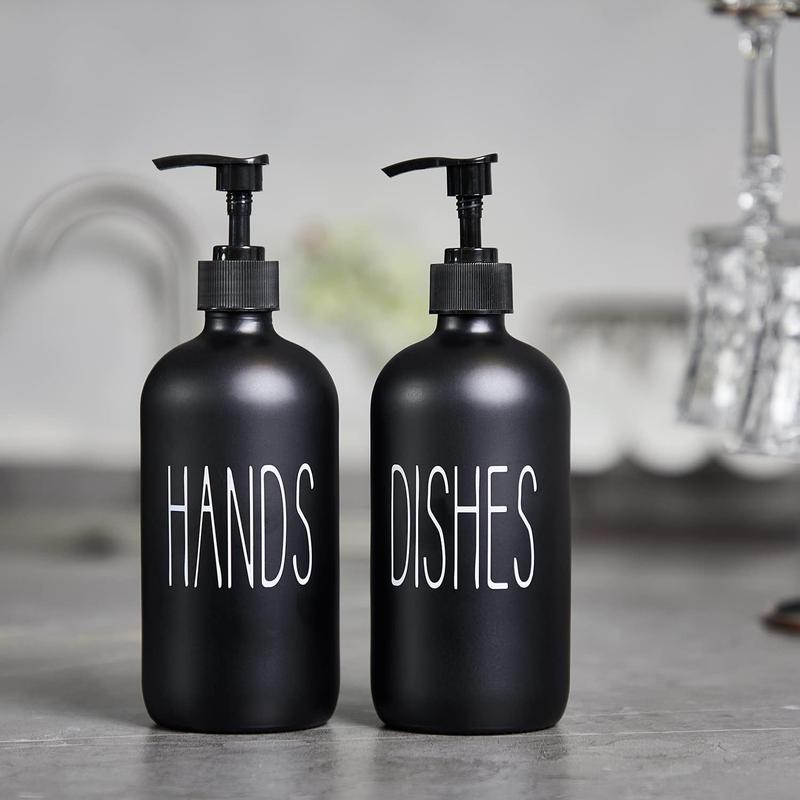 Glass Soap Dispenser Set 2 Pack,Contains Hand and Dish Soap Dispenser. Kitchen Soap Dispenser Set for Kitchen Sink and Farmhouse Decor .16 Oz Black Soap Dispenser with Pumps -Black