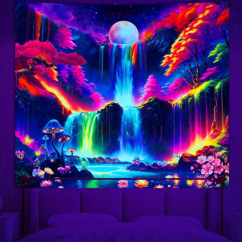 Blacklight Mountain Wall Tapestry for Bedroom Aesthetic, Black Light Space Moon Waterfall Tapestries, UV Reactive Posters Nature Forest Tapestry for Living Gaming Room Dorm 51in x 60in