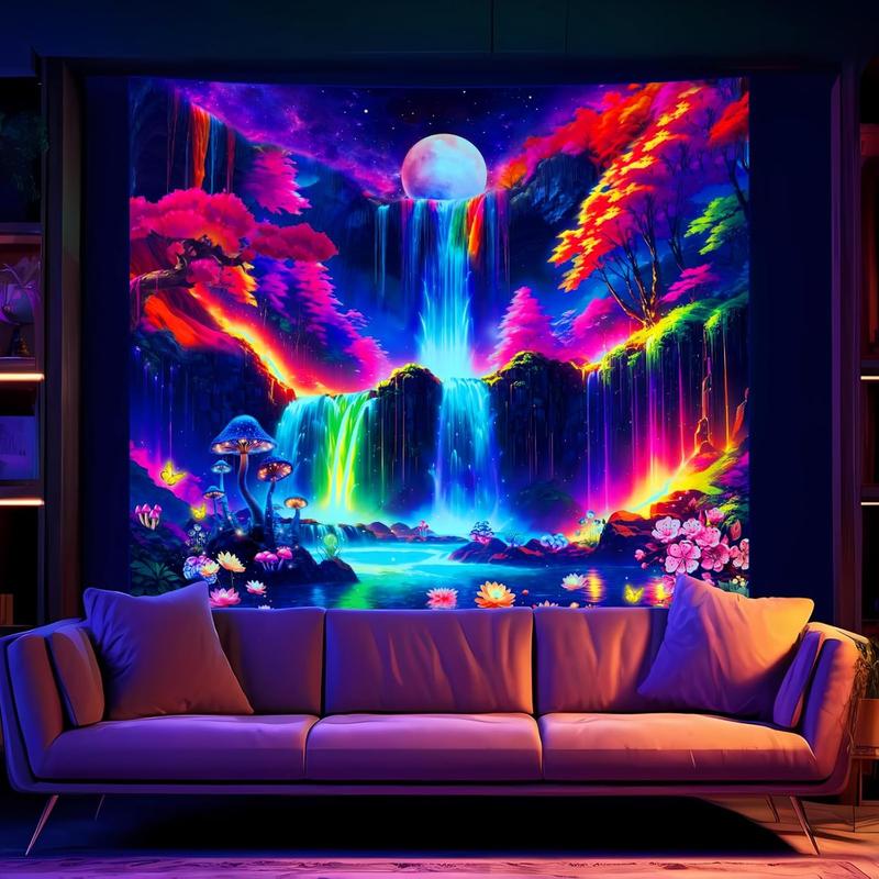 Blacklight Mountain Wall Tapestry for Bedroom Aesthetic, Black Light Space Moon Waterfall Tapestries, UV Reactive Posters Nature Forest Tapestry for Living Gaming Room Dorm 51in x 60in