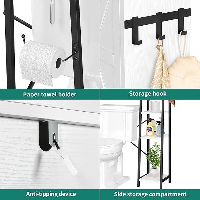 YITAHOME Over The Toilet Storage Cabinet, Bathroom Shelves Over Toilet Above Toilet Storage with Side Storage Rack, Tissue Reel and Hooks Over The Toilet Organizer for Bathroom, Laundry, White