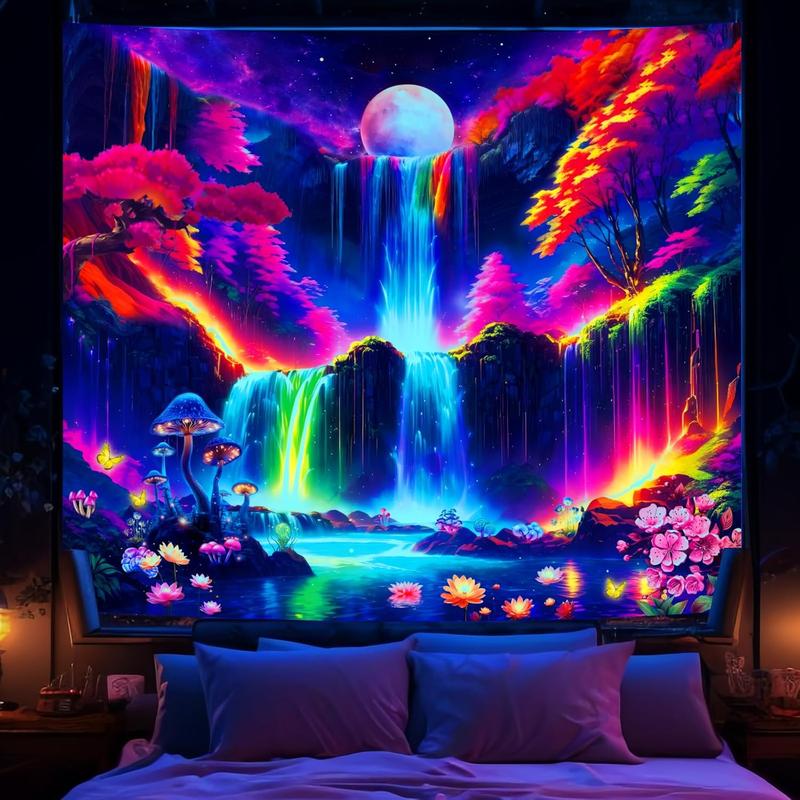 Blacklight Mountain Wall Tapestry for Bedroom Aesthetic, Black Light Space Moon Waterfall Tapestries, UV Reactive Posters Nature Forest Tapestry for Living Gaming Room Dorm 51in x 60in