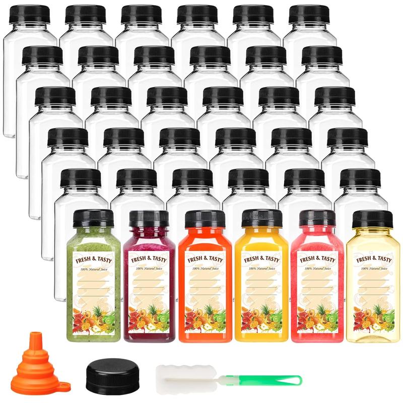 36 count 8oz Juice Bottles with Lids,  Grade Reusable Clear Containers with Black Tamper Evident Caps for Juice, Milk and Other Beverages