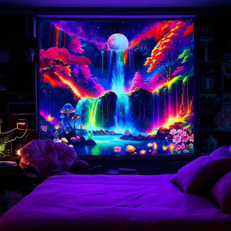 Blacklight Mountain Wall Tapestry for Bedroom Aesthetic, Black Light Space Moon Waterfall Tapestries, UV Reactive Posters Nature Forest Tapestry for Living Gaming Room Dorm 51in x 60in