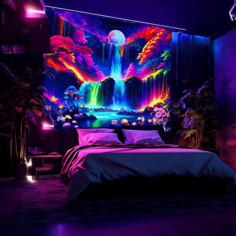 Blacklight Mountain Wall Tapestry for Bedroom Aesthetic, Black Light Space Moon Waterfall Tapestries, UV Reactive Posters Nature Forest Tapestry for Living Gaming Room Dorm 51in x 60in