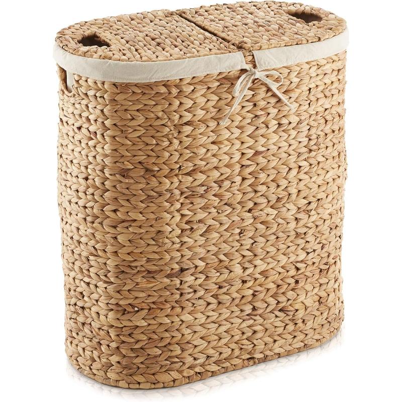 Oval Laundry Hamper with Lids and Removable Liner Bags - Natural, Woven Water Hyacinth 2-Section Laundry Basket Sorter for Clothes and Towels Organiser Decorative