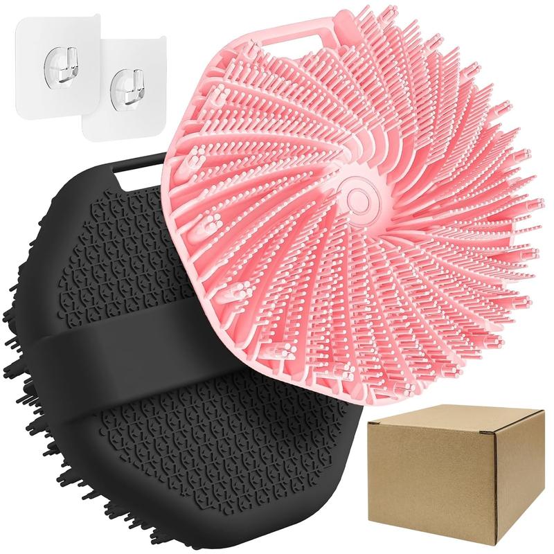 2 count Silicone Body Scrubber Shower Brush, Upgrade Super-Exfoliating Shower Scrubber with Non-Slip Hand Strap, Silicone Body Buffer for Use in Shower (Black+Pink)