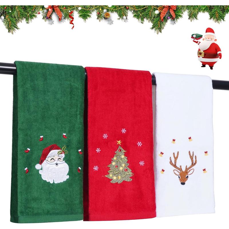 3 Pcs Christmas Hand Towels for Bathroom, 100% Cotton Soft Absorbent Christmas Kitchen Towels, Embroidery Christmas Decorations Towel for Holiday, Kitchen, Gift (15 x 23 Inch)