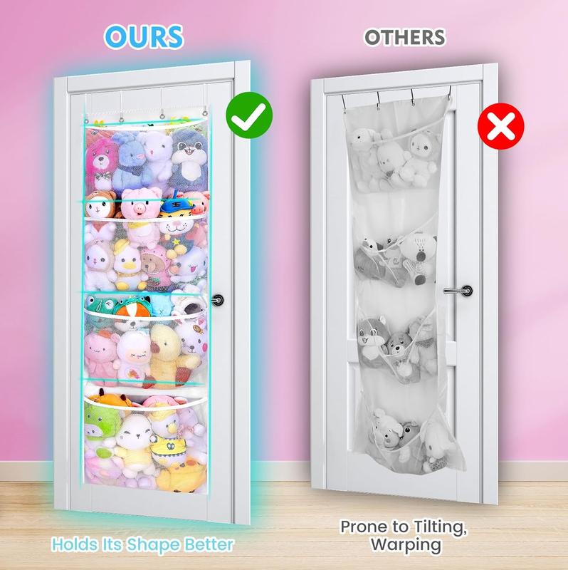 2 Pack Stuffed Animal Storage - Over Door Organizer for Stuffies, Plush Toys Hanging Organizer with 4 Large Capacity Mesh Net Pockets & Support Bars, Baby Ideas Holder for Kids Room Stuff Animal, White