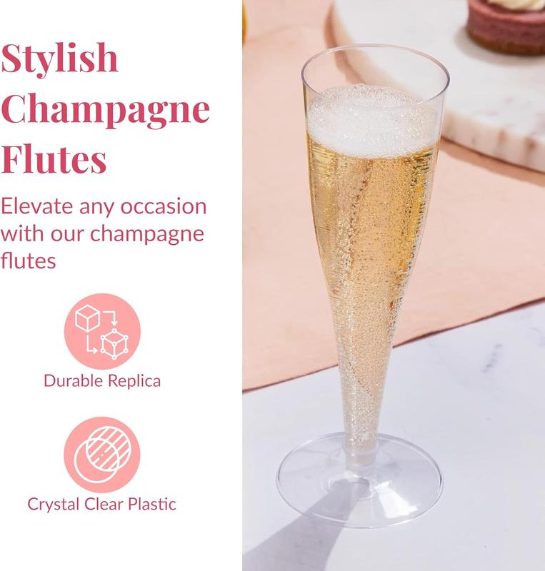 Clear Plastic Champagne Flutes - Set of 10 Disposable Champagne Flutes for Parties, Weddings and Toasts - Elegant and Durable 4.5 Ounce Stemware for Easy Cleaning and Large Celebrations