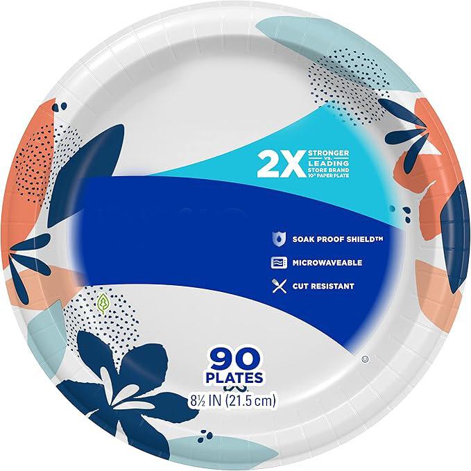 Medium Paper Plates, 8.5 Inch, 90 Count, 2X Stronger*, Microwave-Safe, Soak-Proof, Cut Resistant, Disposable Plates for Everyday Breakfast, Lunch, & Dinner Meals no brand