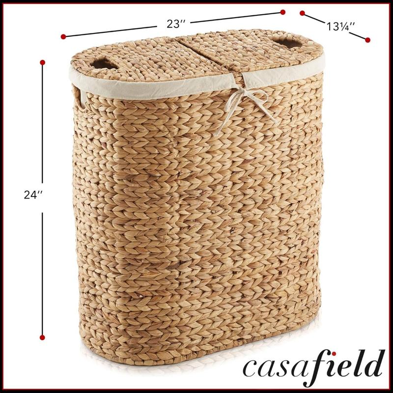 Oval Laundry Hamper with Lids and Removable Liner Bags - Natural, Woven Water Hyacinth 2-Section Laundry Basket Sorter for Clothes and Towels Organiser Decorative