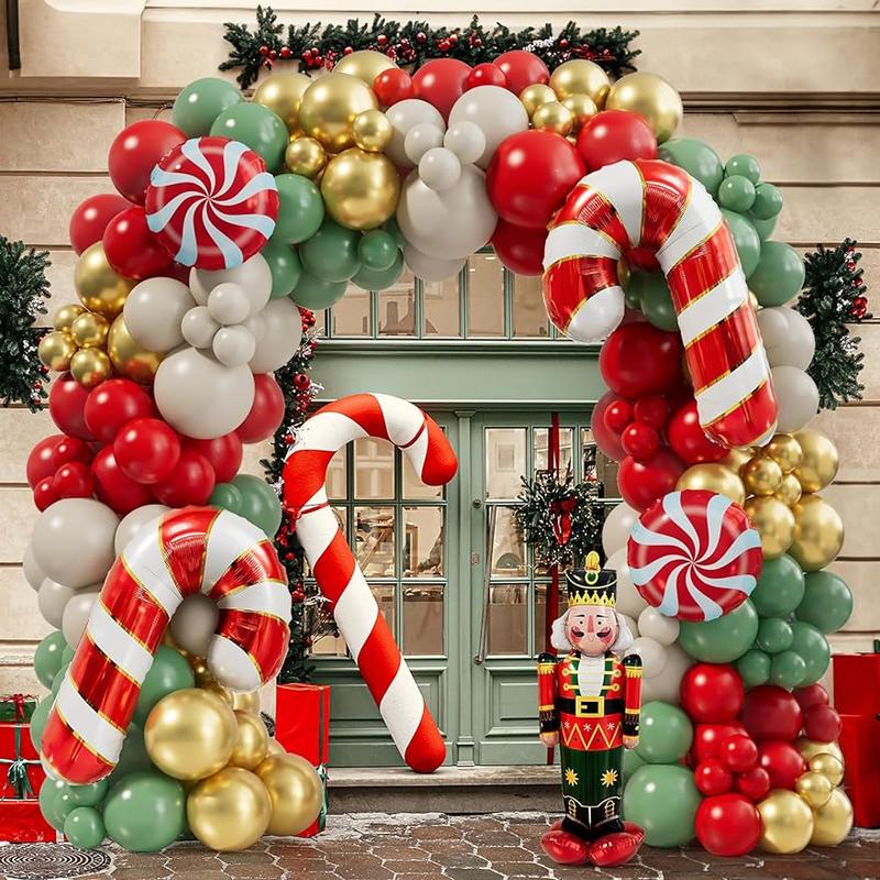 Christmas Balloon Garland Arch Kit 168 Pcs Red Sage Green Gold White Sand Balloons Candy Balloons Cand Cane Balloons Nutcracker Balloons for Christmas Party Decorations Supplies