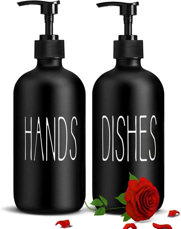 Glass Soap Dispenser Set 2 Pack,Contains Hand and Dish Soap Dispenser. Kitchen Soap Dispenser Set for Kitchen Sink and Farmhouse Decor .16 Oz Black Soap Dispenser with Pumps -Black