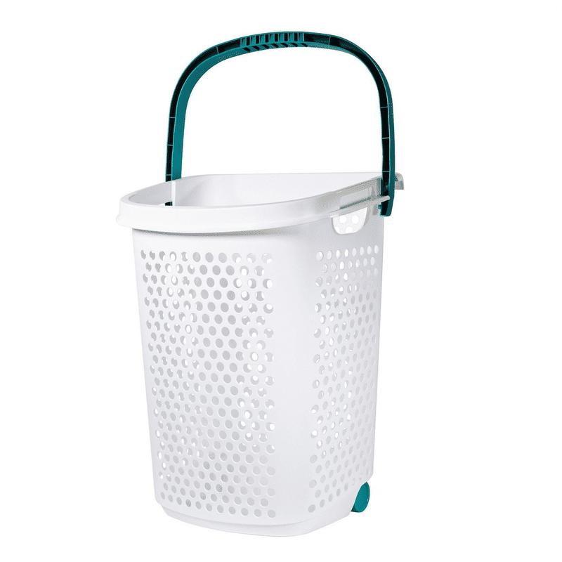 Home Logic 2 Bushel Rolling Plastic Laundry Hamper with Pop-up Handle, White, Adult   Tween