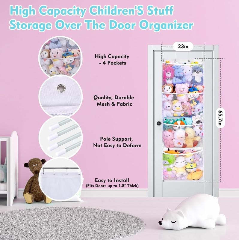 2 Pack Stuffed Animal Storage - Over Door Organizer for Stuffies, Plush Toys Hanging Organizer with 4 Large Capacity Mesh Net Pockets & Support Bars, Baby Ideas Holder for Kids Room Stuff Animal, White