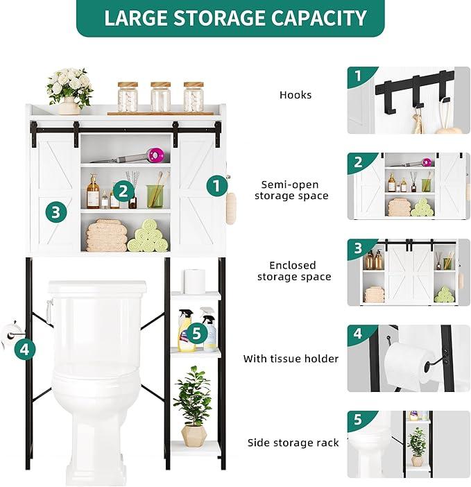 YITAHOME Over The Toilet Storage Cabinet, Bathroom Shelves Over Toilet Above Toilet Storage with Side Storage Rack, Tissue Reel and Hooks Over The Toilet Organizer for Bathroom, Laundry, White