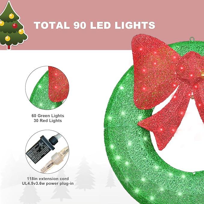 DKLGG 35in Lighted Outdoor Christmas Wreath Decoration Set of 2,90 LED Lights & Large Red Bow, Front Door Lighted Ornaments