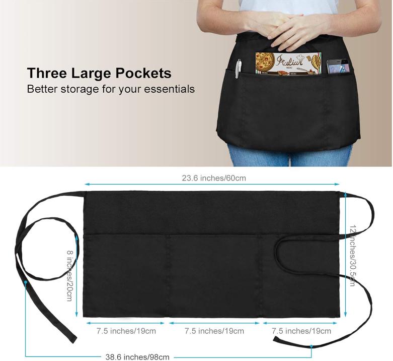 2 pack Waitress Apron - Server Aprons with 3 Pockets - Water & Oil Resistant Waist Apron with Pockets - Black Aprons For Servers - Half Aprons For Women with Pockets - 12 Inch