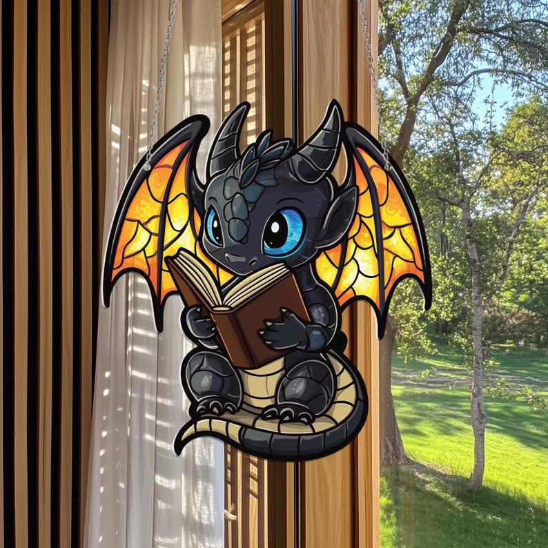 Book Dragon Acrylic Window Hanging, Fantasy Dragon Suncatcher Ornament, Dragon Wall Window Hanging Art Decoration, Bookish Home Decor