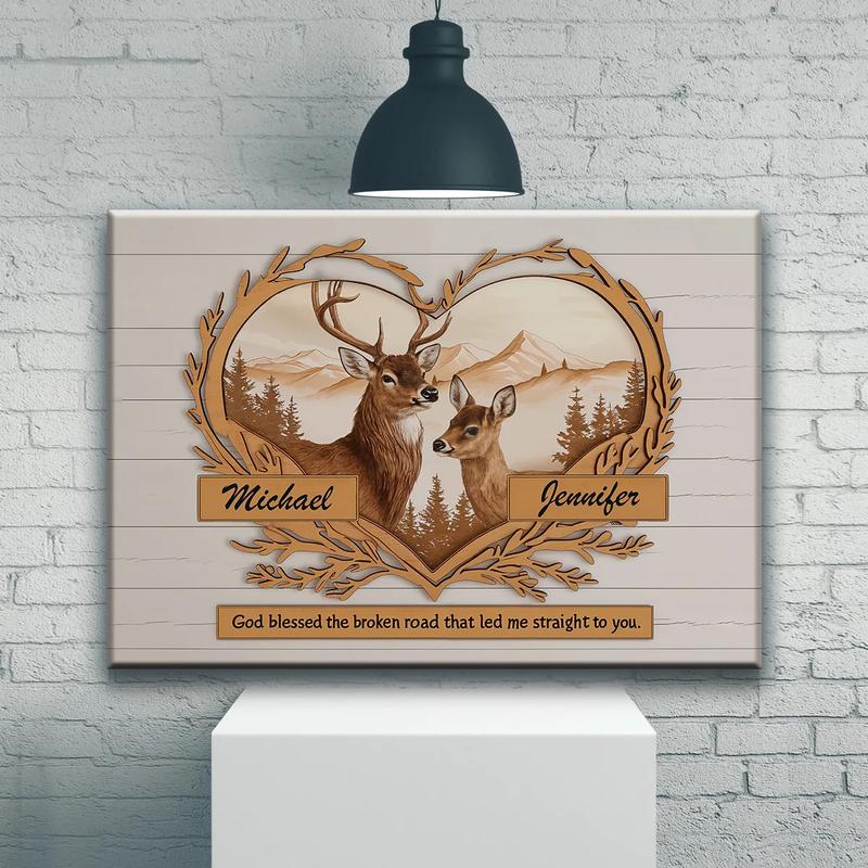 C24 Deer Love Mountains 2 Names, Couple Anniversary Gift For Wife Husband Personalized Canvas - Custom Photo, Map, Couple Name, Date Decor Matte