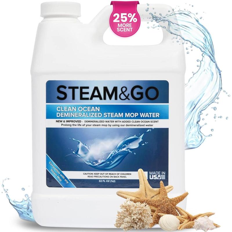 Steam & Go Demineralized Water for Steam Cleaner, PVC-Free Floor Cleaner Liquid Compatible With Any Mop Steamer, Ready-to-Use Multisurface Cleaner, Scented Mop Solution, Clean Ocean, 32 oz