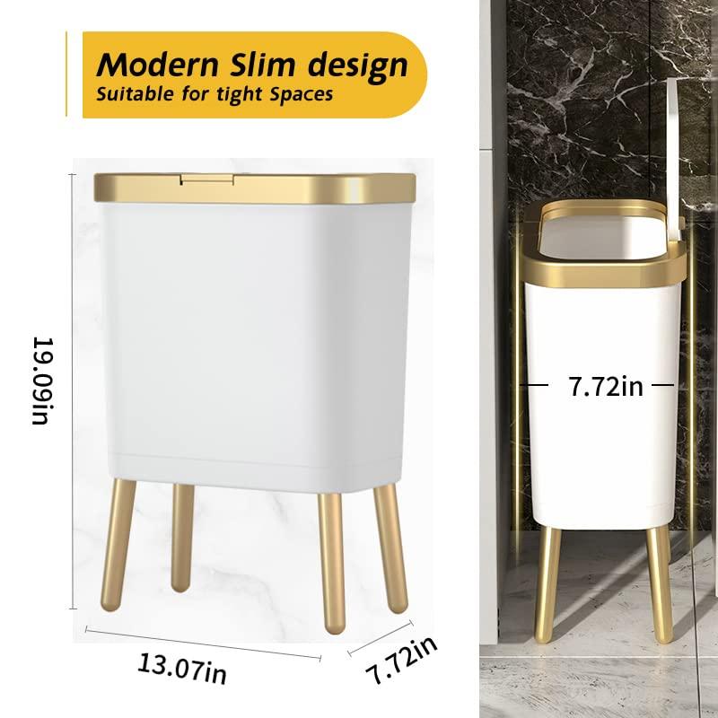 Bathroom Trash Can with Lid, Plastic Garbage Can with Lid, 4 Gal Gold Trash Bin with Push Button, Narrow White Trash Can Waste Basket for Bedroom, Living Room,OfficeDog Proof Trash Can