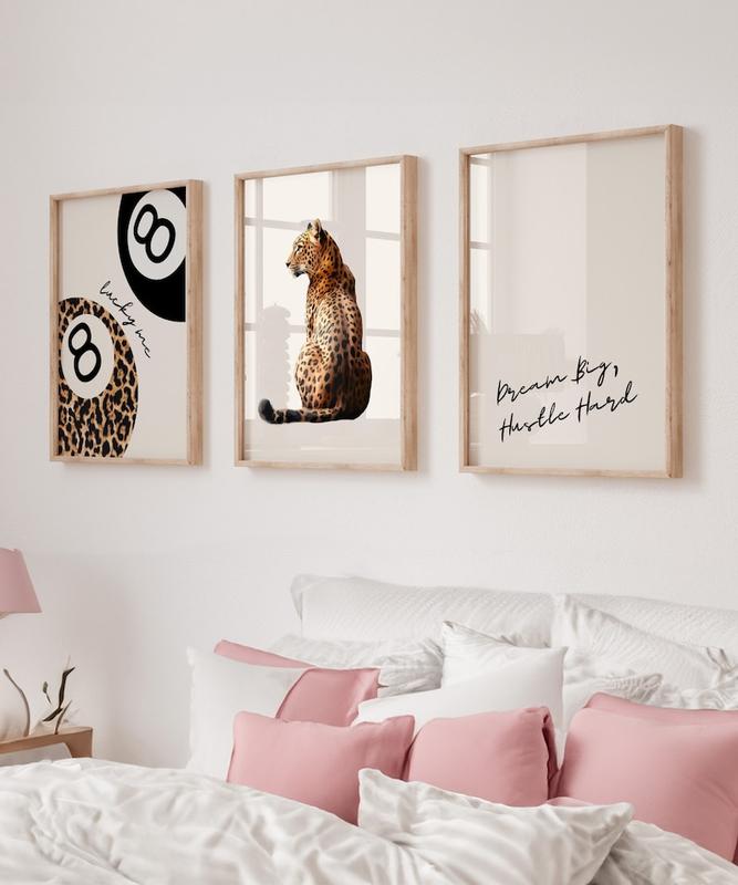 Set of 3 Leopard Wall Art Cheetah Print Lucky 8 Pool Ball Poster Lucky Me Trendy Wall Gallery Preppy Cheetah Print Poster