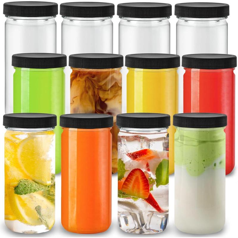 12-Pack Glass Juice Bottles with Lids, 8oz Glass Bottles with Lids for Juice, Smoothie, Water, Milk, Reusable Glass Bottles for Juicing - Bulk Glass Water Bottles with Caps Organiser Tin Canister