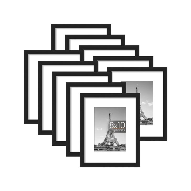 upsimples 8x10 Picture Frame Set of 10, Display Pictures 5x7 with Mat or 8x10 Without Mat, Frames Collage for Wall or Tabletop Display, Black Decor