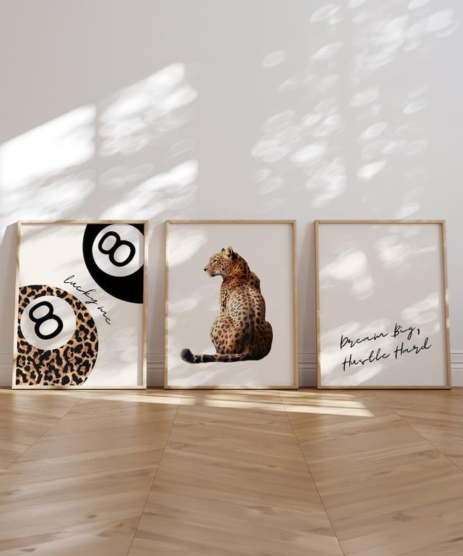 Set of 3 Leopard Wall Art Cheetah Print Lucky 8 Pool Ball Poster Lucky Me Trendy Wall Gallery Preppy Cheetah Print Poster