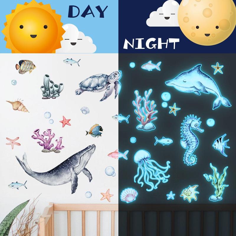 Underwater Animal Pattern Wall Sticker, 3pcs set Glow in the Dark Wall Decal, Self Adhesive Wall Decor for Home Bedroom Living Room