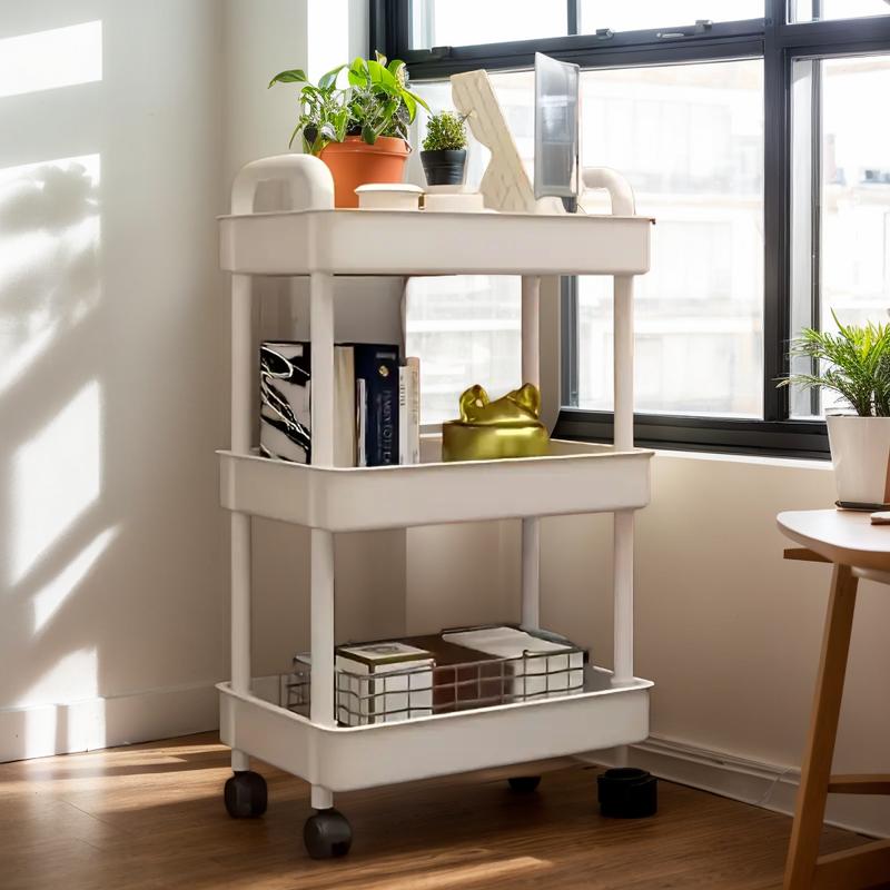 3 4-Tier Plastic Rolling Storage Cart with Adjustable Shelves & Utility Hooks - Space-Saving Organizer for Kitchen, Bathroom, Bedroom Racks